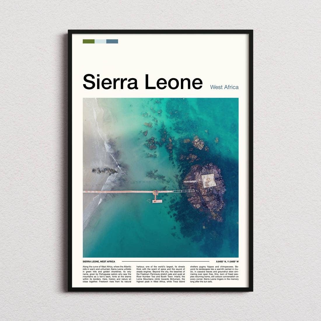 Sierra Leone Aerial Jetty View Travel Print framed and photographed straight on