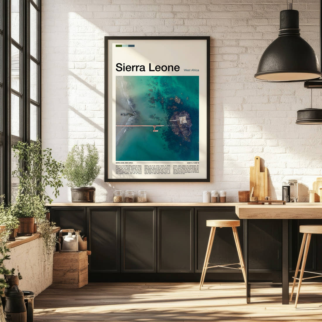 Sierra Leone Aerial Jetty View Travel Print framed on the wall of a bright kitchen and dining space