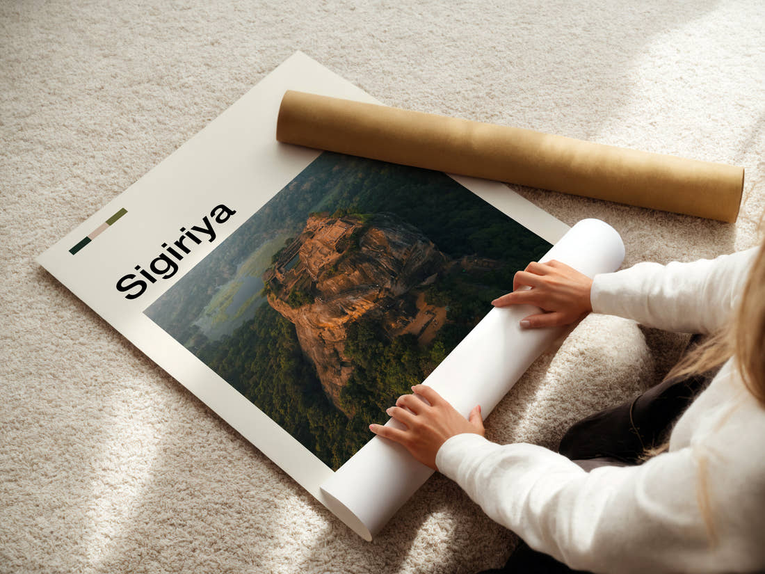 Sigiriya Aerial Rock Fortress Travel Print being unrolled from its postal tube