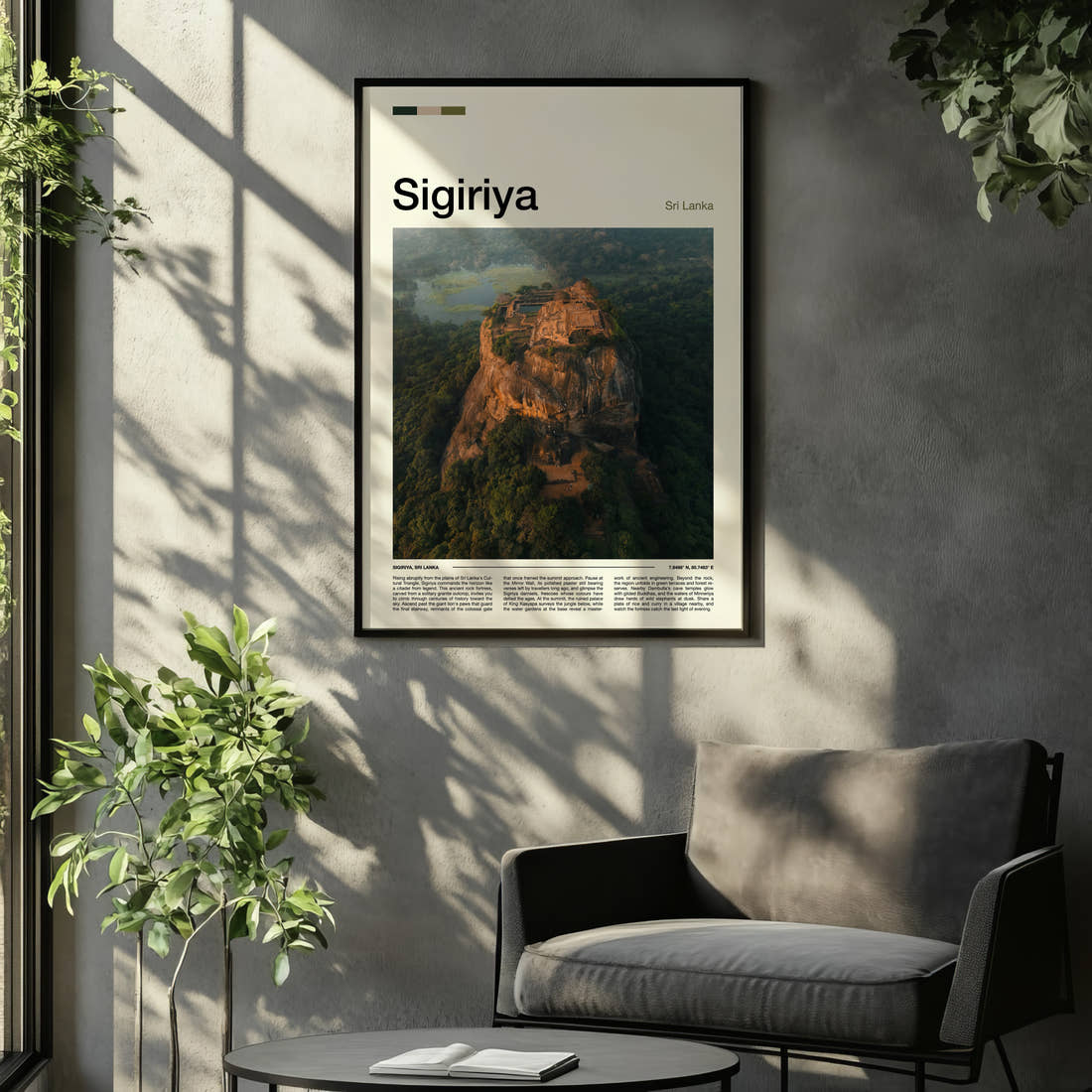Sigiriya Aerial Rock Fortress Travel Print framed on the wall of a relaxed living room