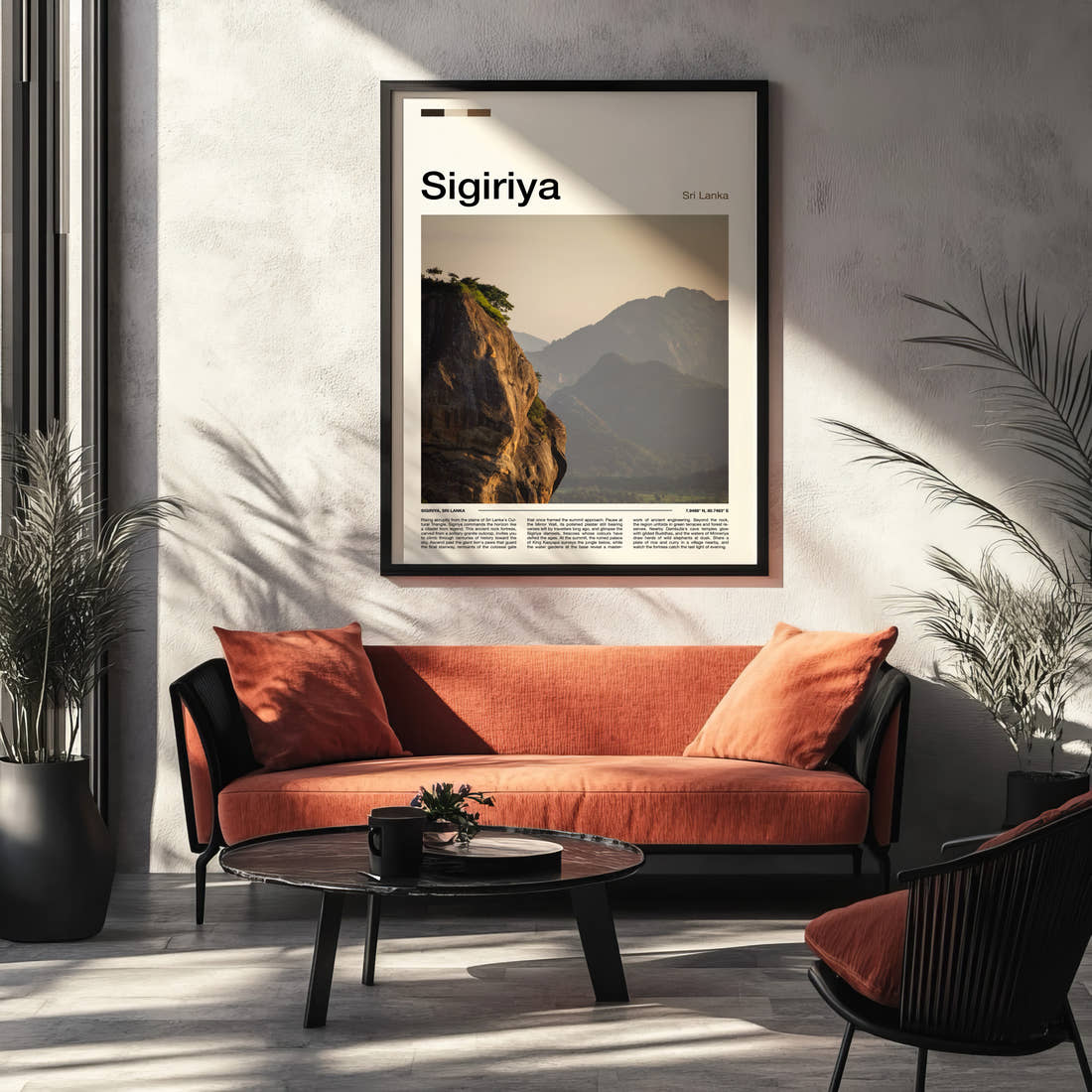 Sigiriya Granite Rock Outcrop Travel Print framed on the wall of a modern living room