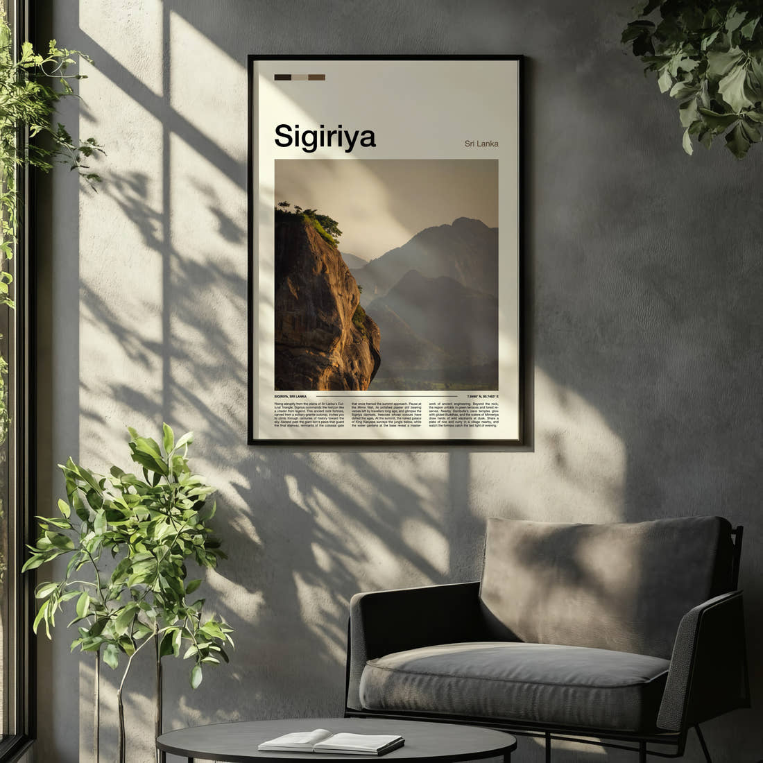 Sigiriya Granite Rock Outcrop Travel Print framed on the wall of a relaxed living room