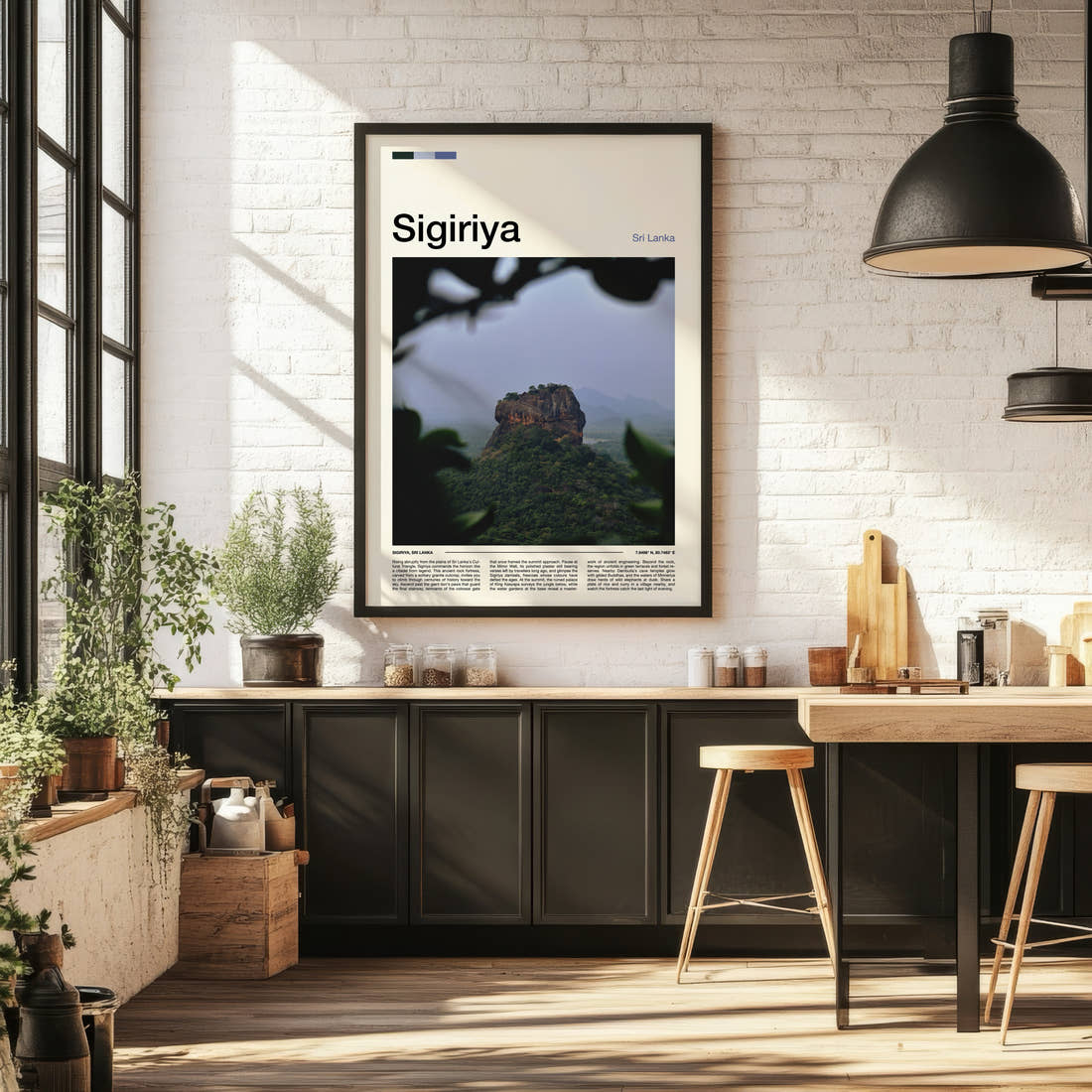 Sigiriya Rock Fortress Jungle View Travel Print framed on the wall of a bright kitchen and dining space