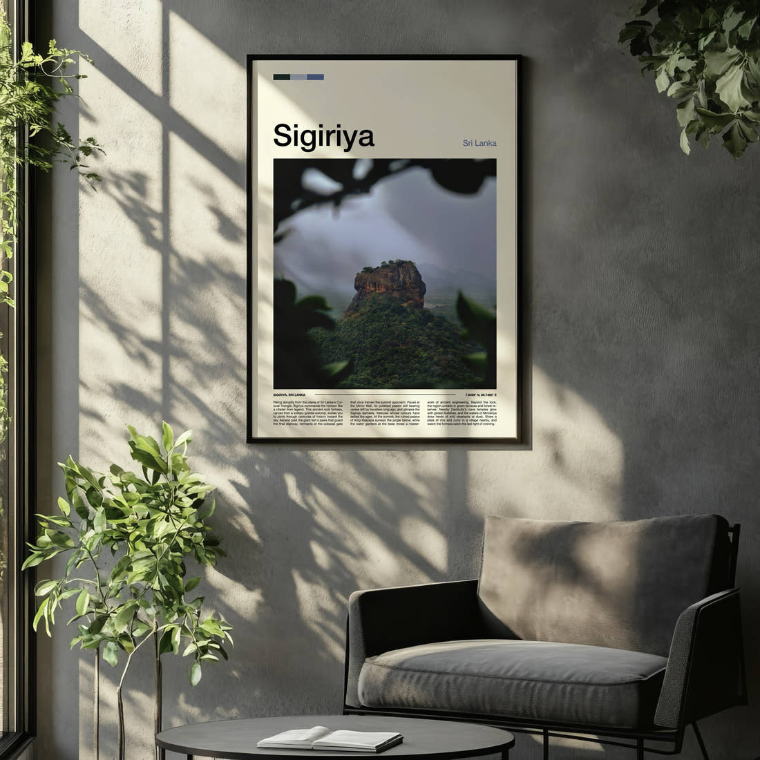 Sigiriya Rock Fortress Jungle View Travel Print framed on the wall of a relaxed living room