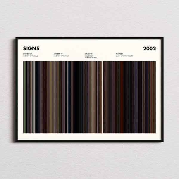 Signs Movie Barcode Poster framed and photographed straight on