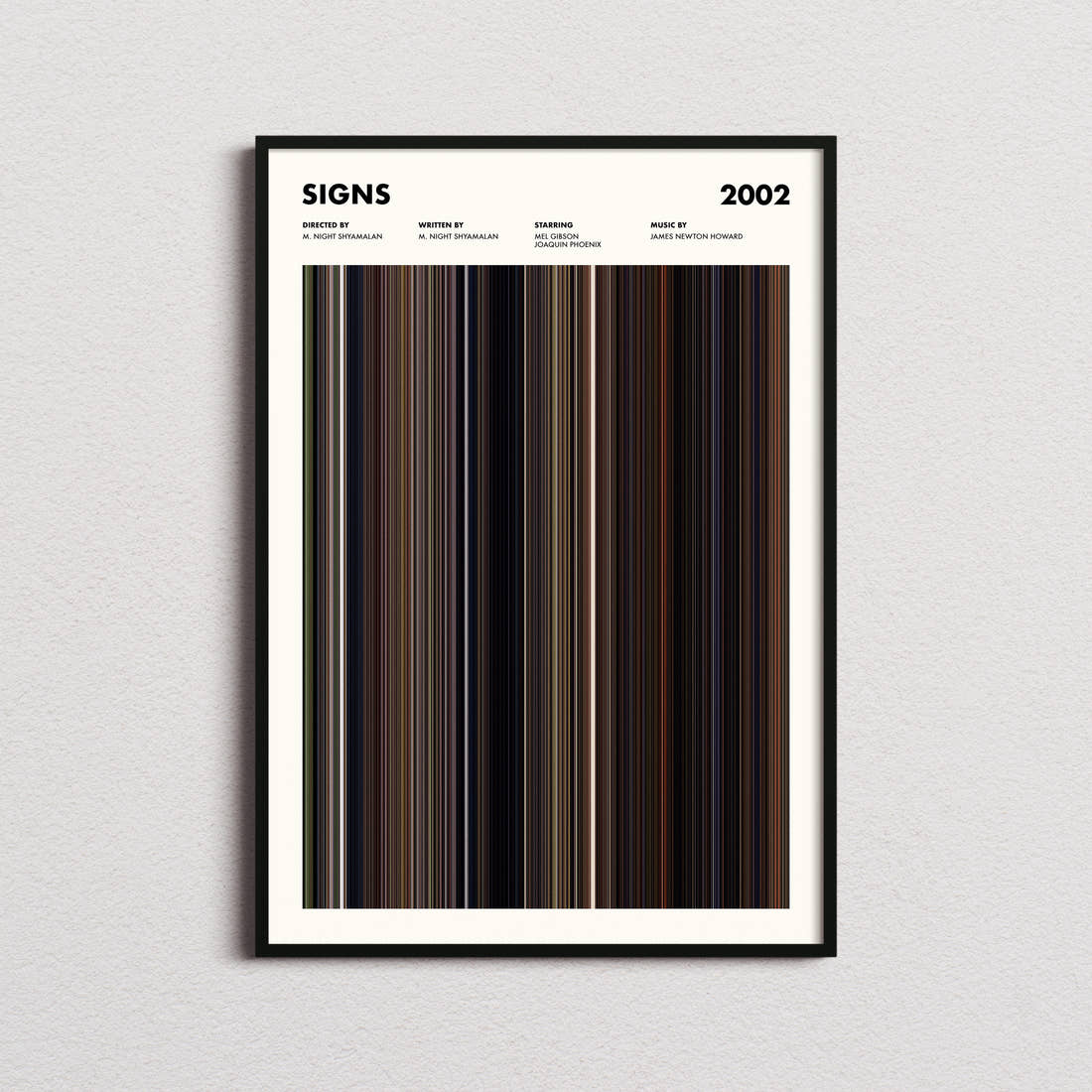 Signs Movie Barcode Poster framed on a plain studio wall