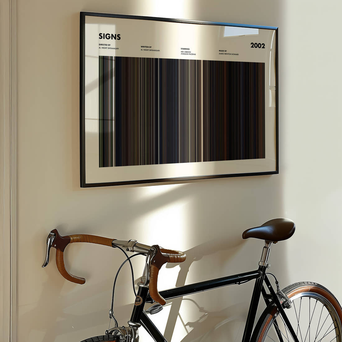 Signs Movie Barcode Poster framed on the wall of a styled room setting