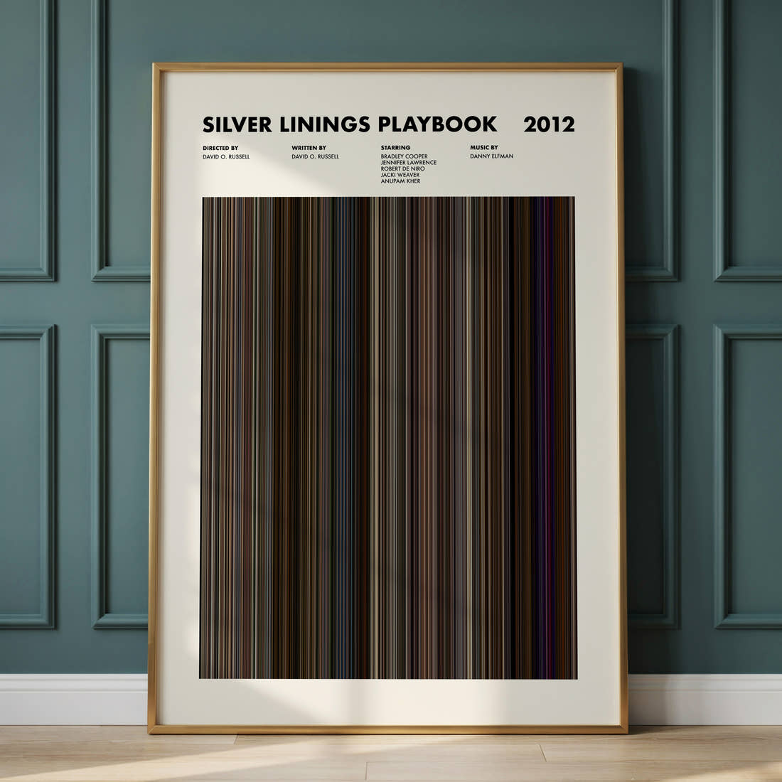 Silver Linings Playbook Movie Barcode Poster framed and leaning against a panelled wall