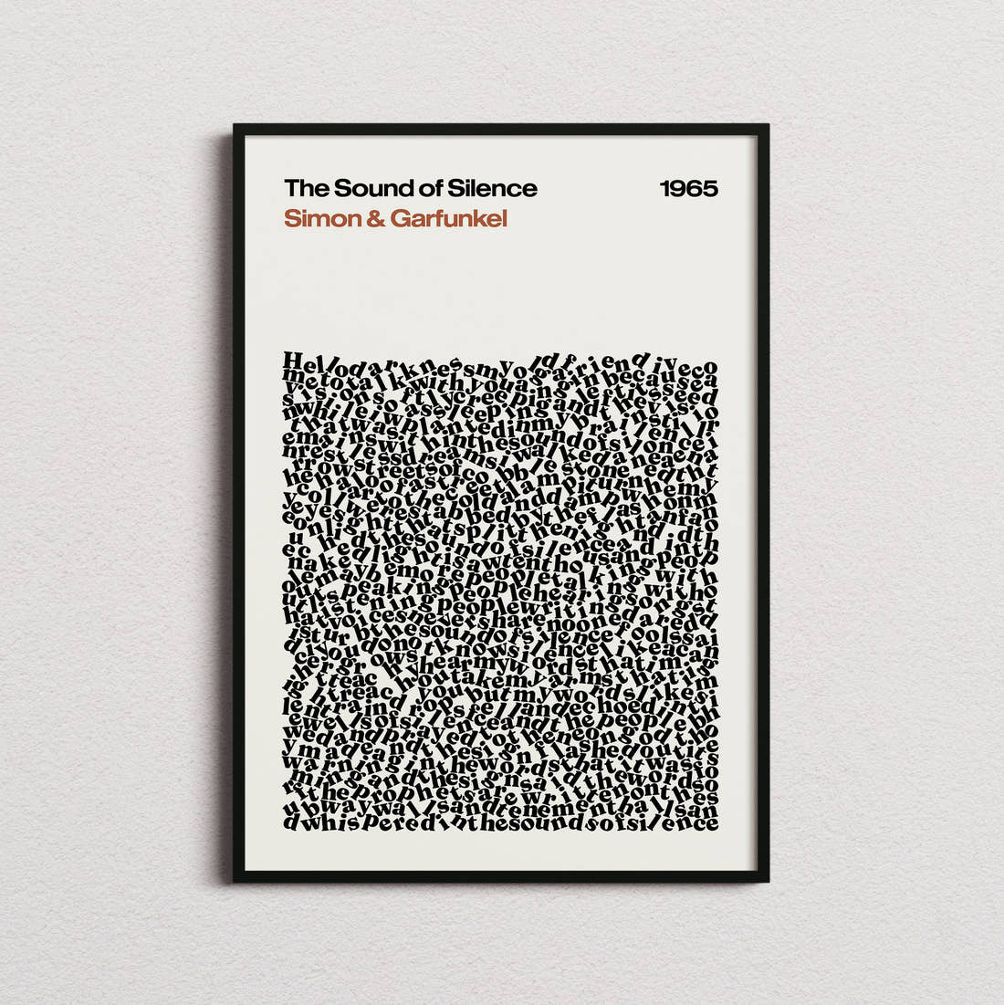 Simon & Garfunkel The Sound of Silence Lyric Print in the cream colourway, framed