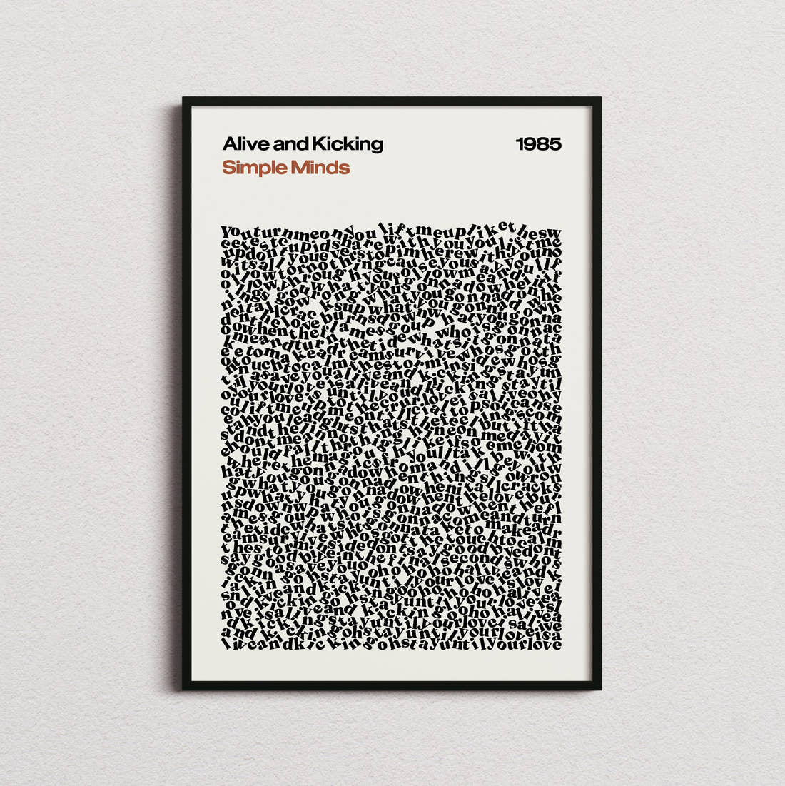 Simple Minds Alive and Kicking Lyric Print in the cream colourway, framed