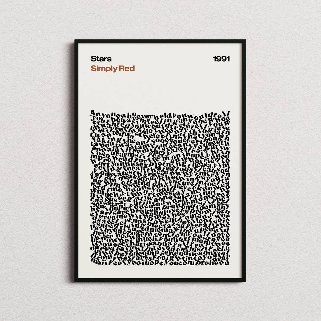 Simply Red Stars Lyric Print in the cream colourway, framed