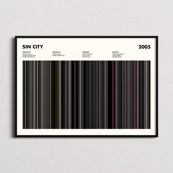 Sin City Movie Barcode Poster framed and photographed straight on