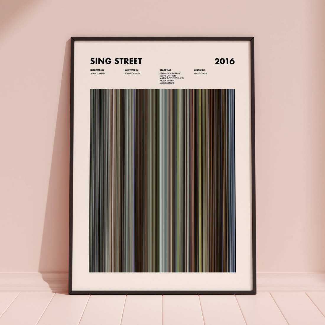 Sing Street Movie Barcode Poster framed and leaning against a coloured wall