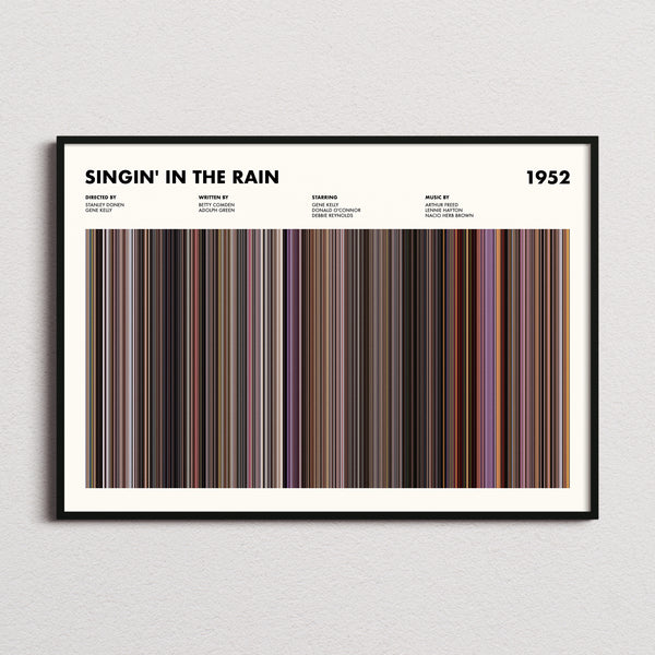 Singin' In The Rain Movie Barcode Poster framed and photographed straight on