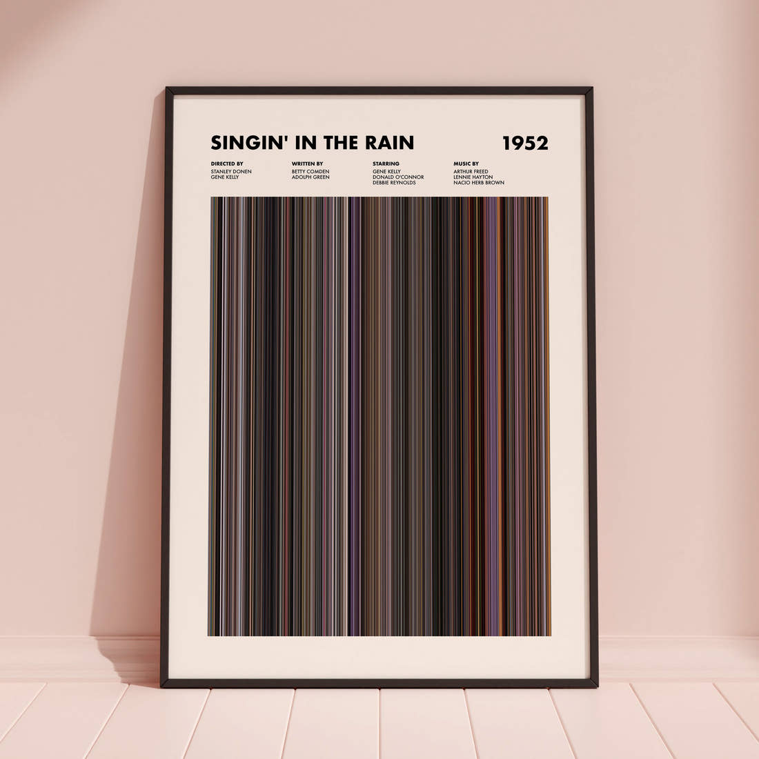Singin' In The Rain Movie Barcode Poster framed and leaning against a coloured wall