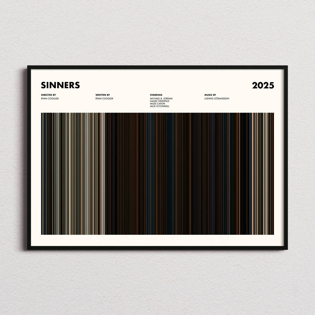 Sinners Movie Barcode Poster framed and photographed straight on