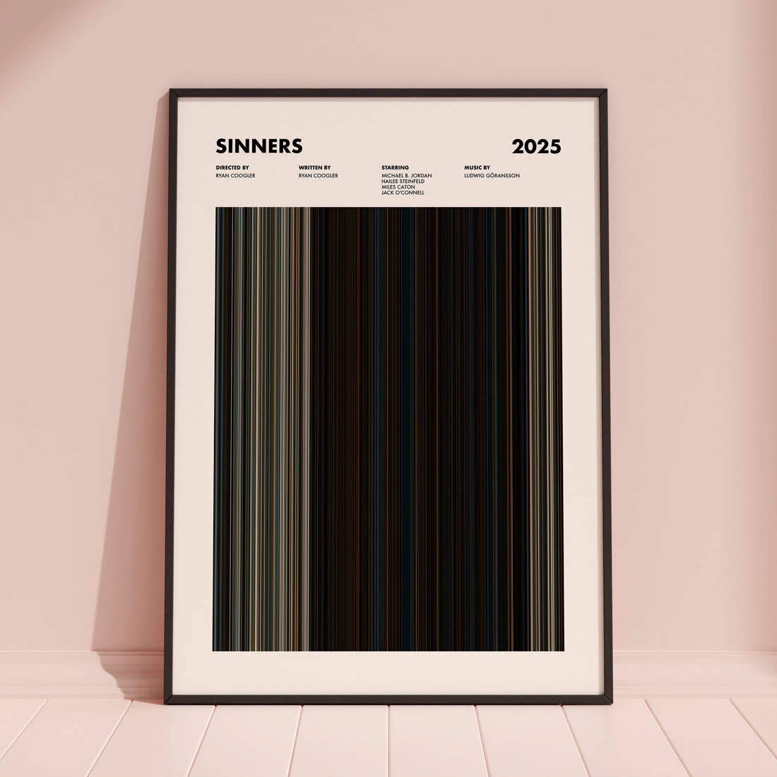 Sinners Movie Barcode Poster framed and leaning against a coloured wall