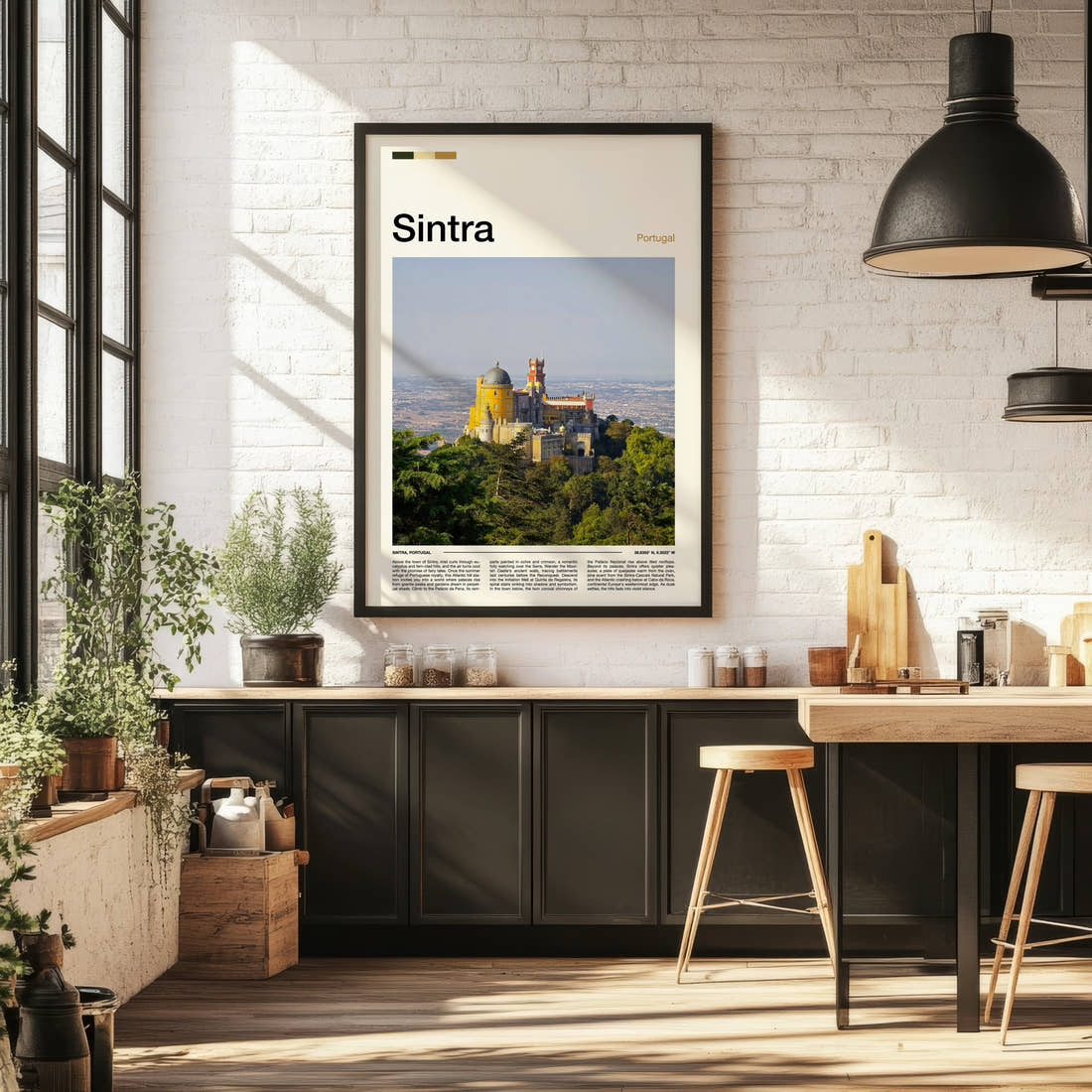 Sintra Hilltop Palace View Travel Print framed on the wall of a bright kitchen and dining space