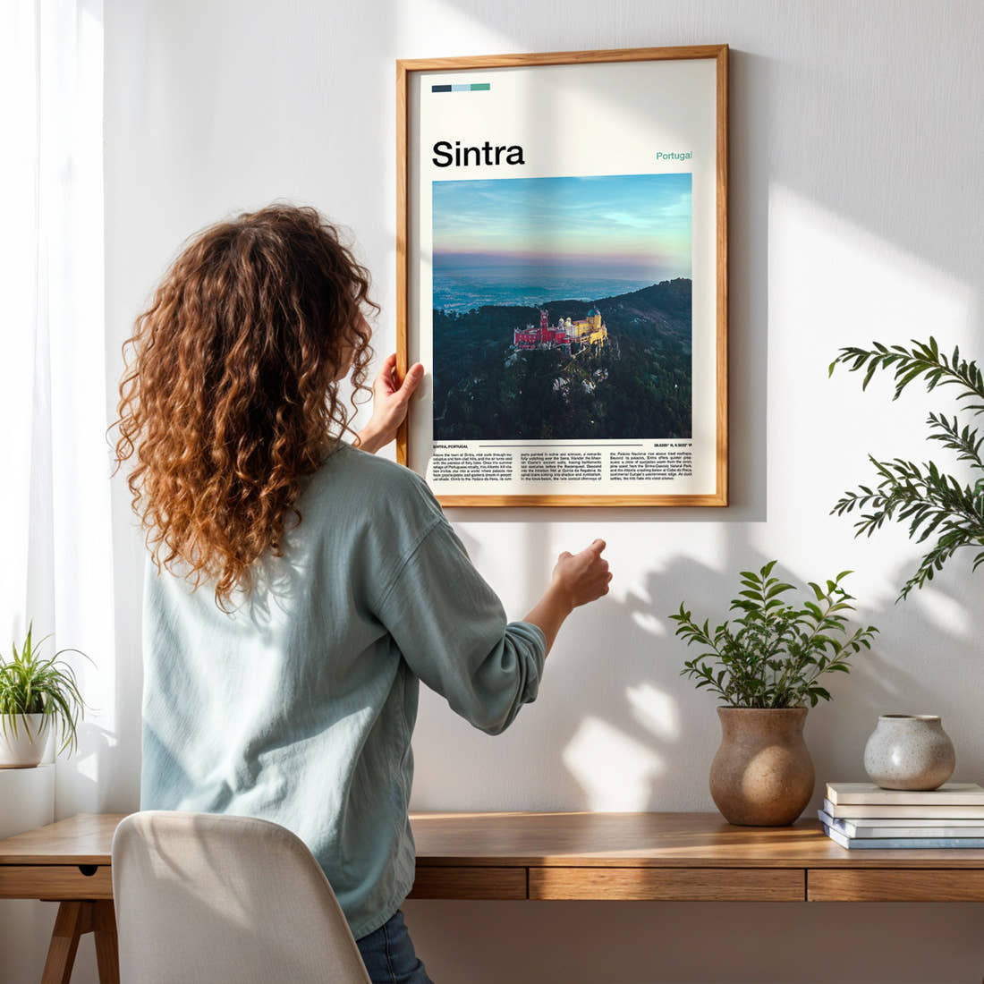 Sintra PaláCio Da Pena Travel Print framed on a pale wall beside houseplants