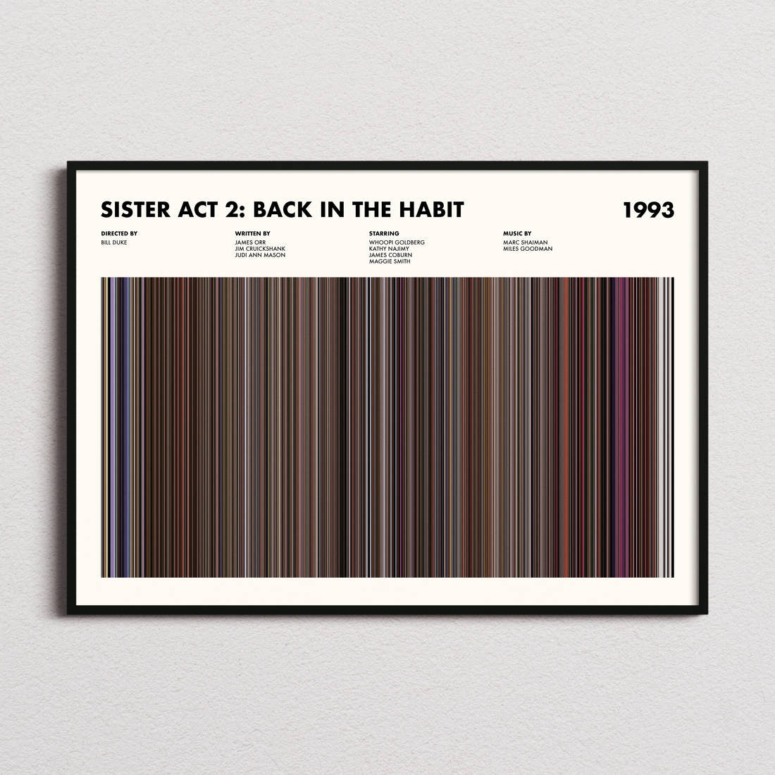 Sister Act 2: Back in the Habit Movie Barcode Poster framed and photographed straight on