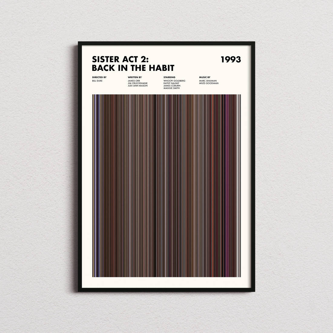 Sister Act 2: Back in the Habit Movie Barcode Poster framed on a plain studio wall