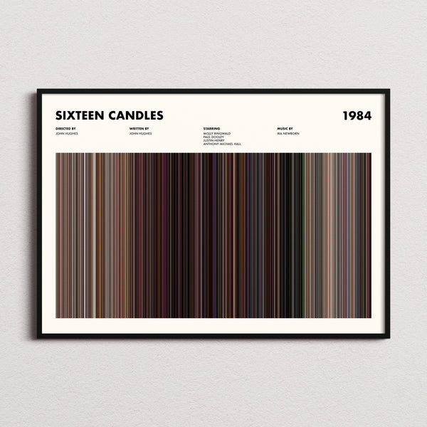 Sixteen Candles Movie Barcode Poster framed and photographed straight on