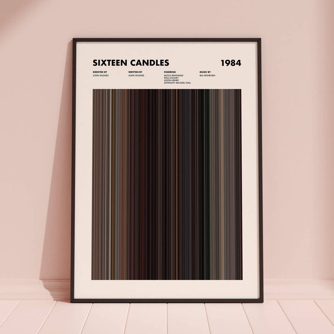 Sixteen Candles Movie Barcode Poster framed and leaning against a coloured wall