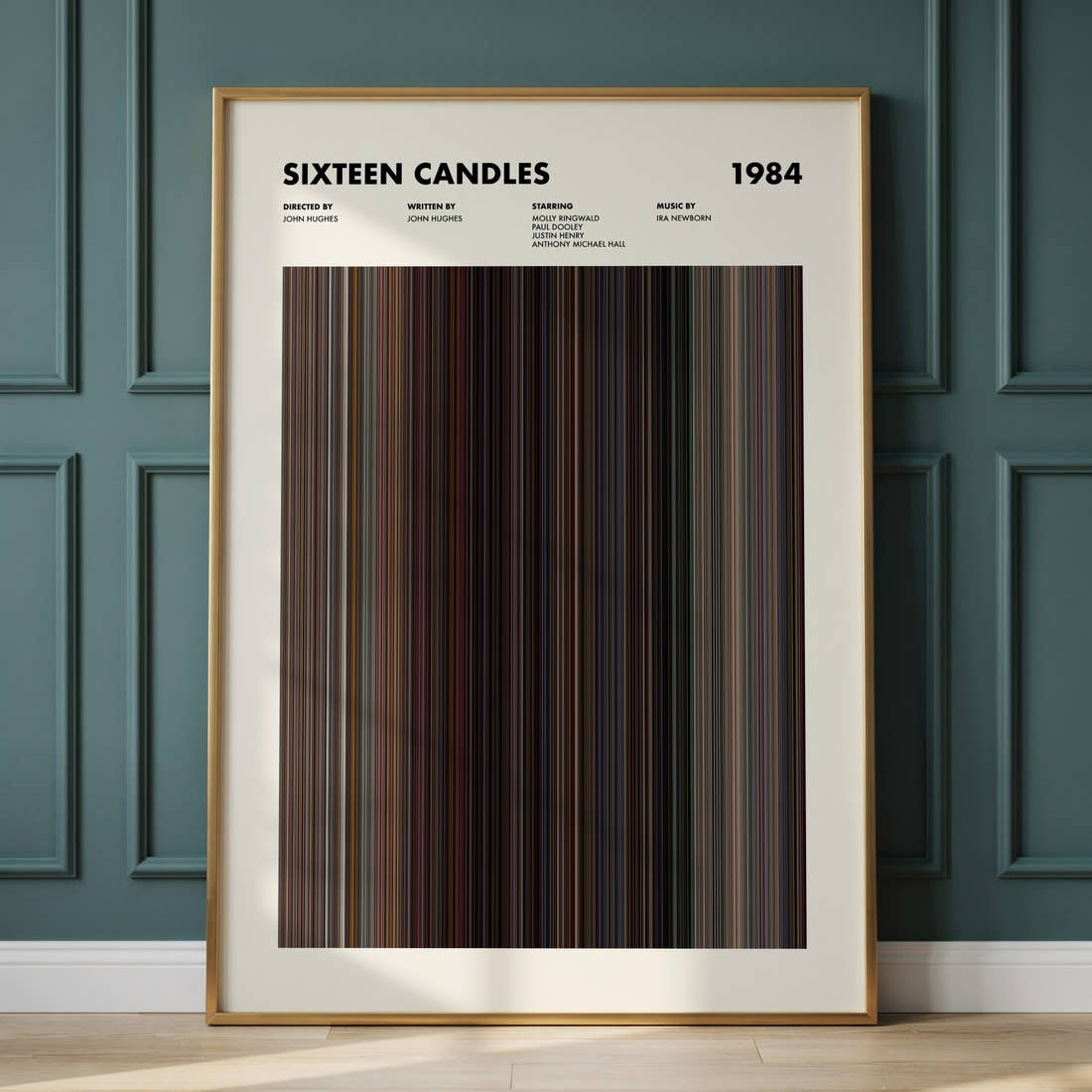 Sixteen Candles Movie Barcode Poster framed and leaning against a panelled wall