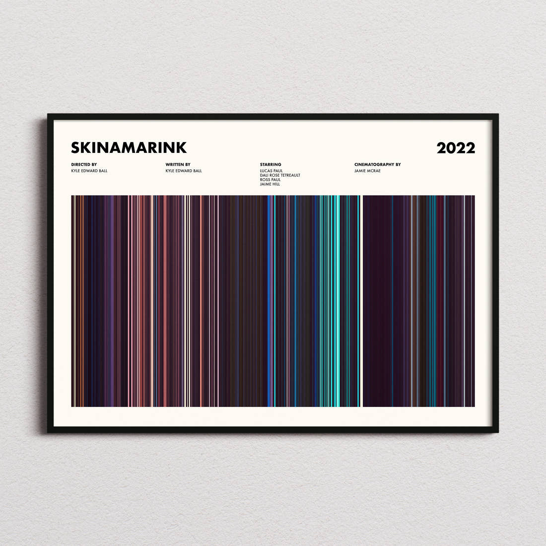Skinamarink Movie Barcode Poster framed and photographed straight on