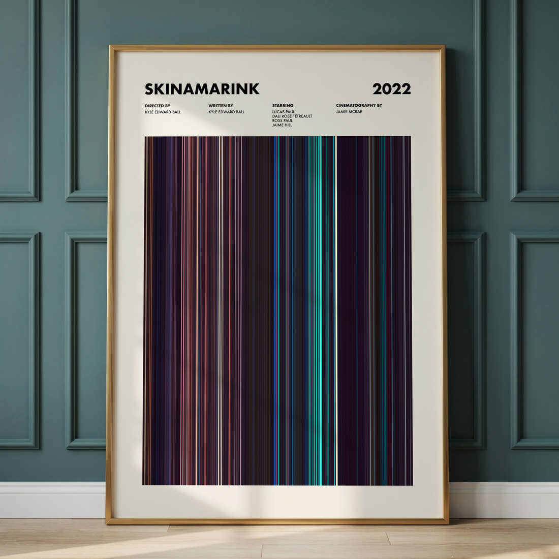 Skinamarink Movie Barcode Poster framed and leaning against a panelled wall