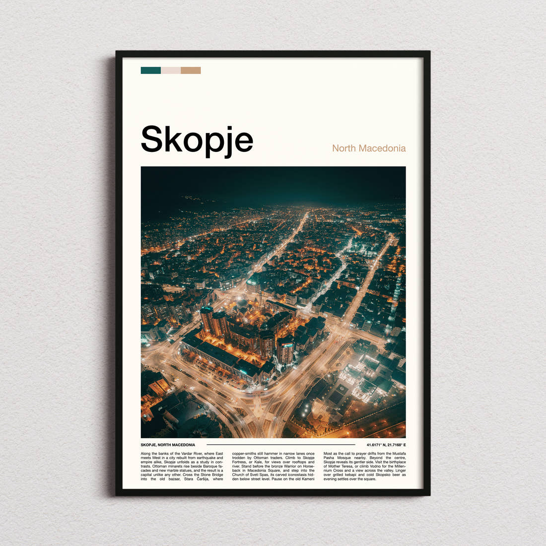 Skopje Illuminated City Sprawl Travel Print framed and photographed straight on