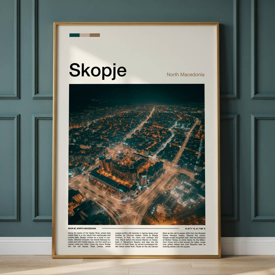 Skopje Illuminated City Sprawl Travel Print framed on the wall of a calm, neutral bedroom
