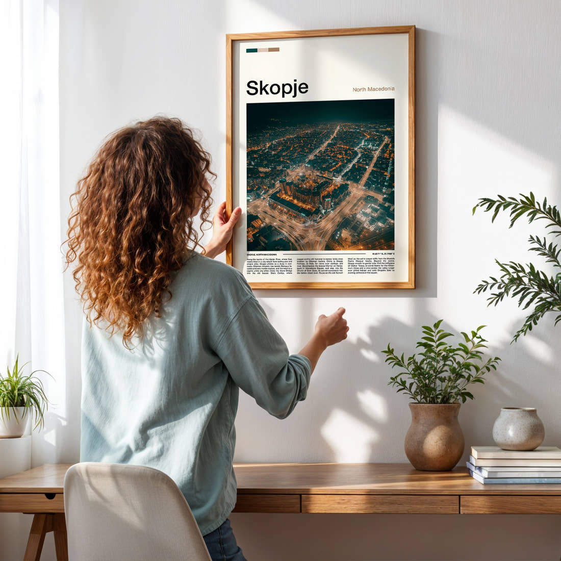 Skopje Illuminated City Sprawl Travel Print framed on a pale wall beside houseplants