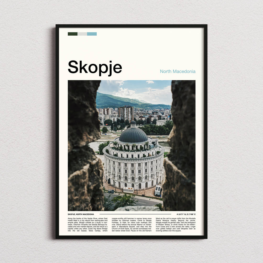 Skopje Domed Building From Fortress Travel Print framed and photographed straight on