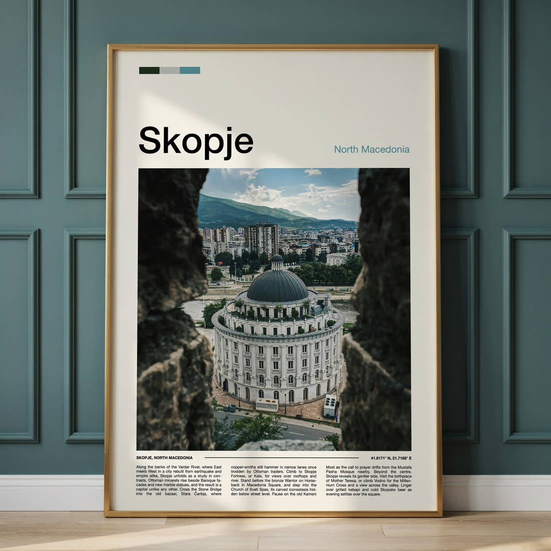 Skopje Domed Building From Fortress Travel Print framed on the wall of a calm, neutral bedroom