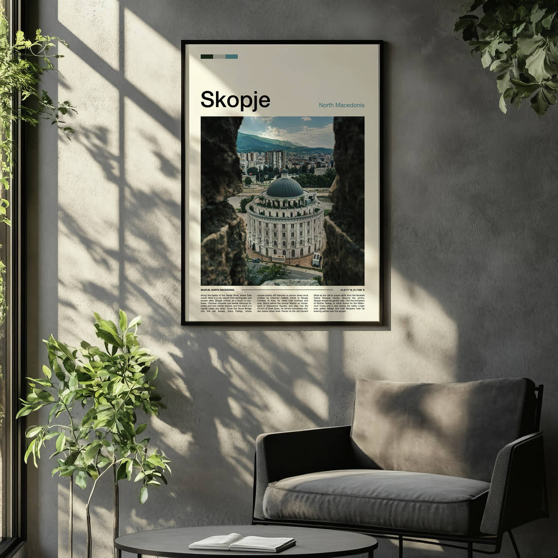 Skopje Domed Building From Fortress Travel Print framed on the wall of a relaxed living room