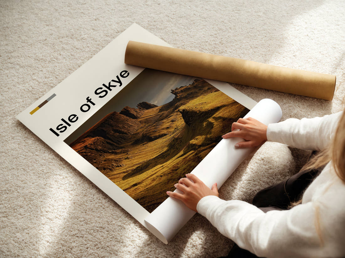 Skye The Quiraing Travel Print being unrolled from its postal tube