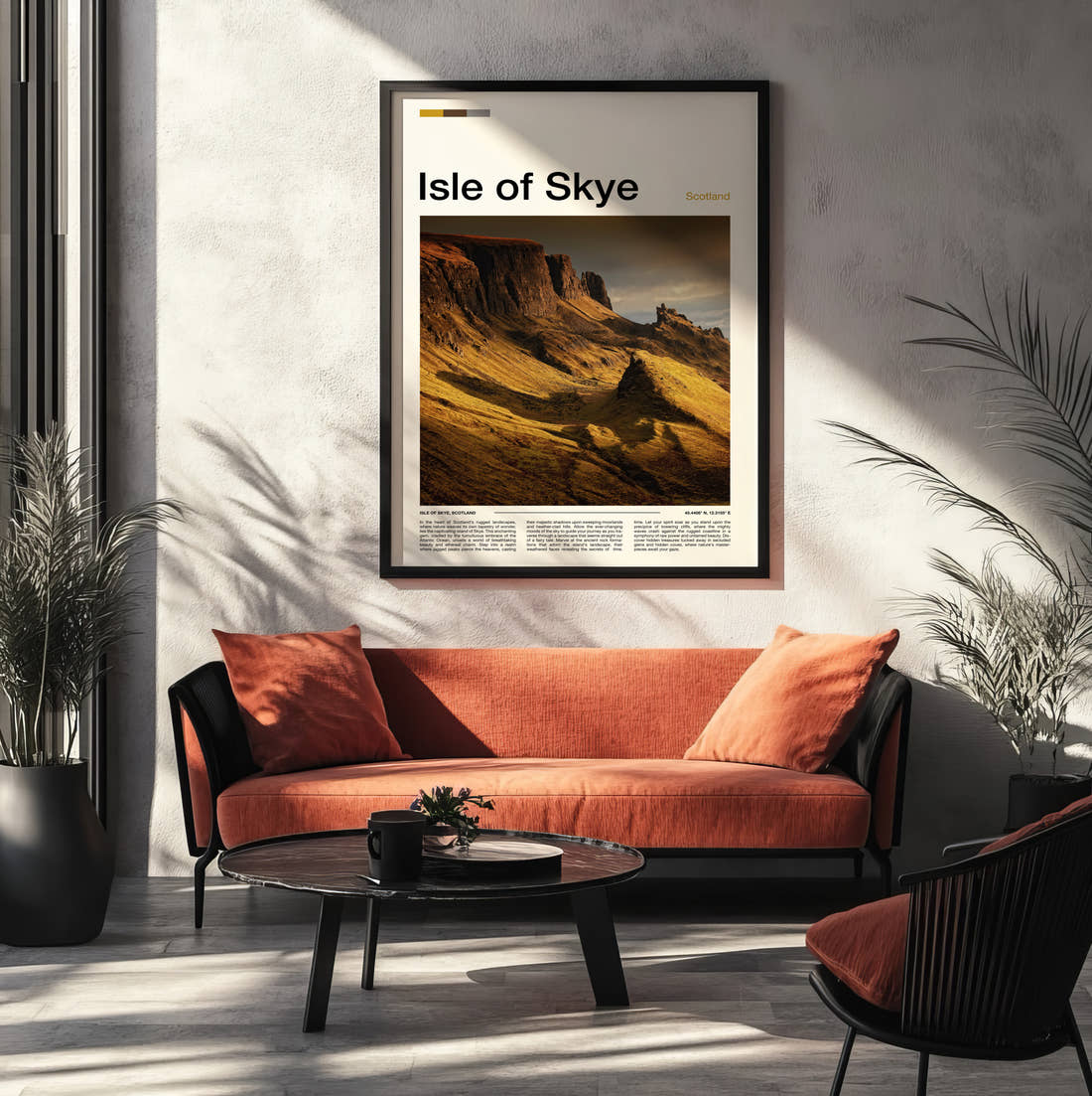 Skye The Quiraing Travel Print framed on the wall of a modern living room