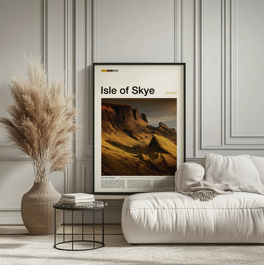 Skye The Quiraing Travel Print framed on the wall of a calm, neutral bedroom