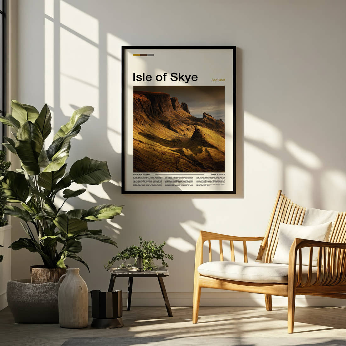 Skye The Quiraing Travel Print framed on a pale wall beside houseplants
