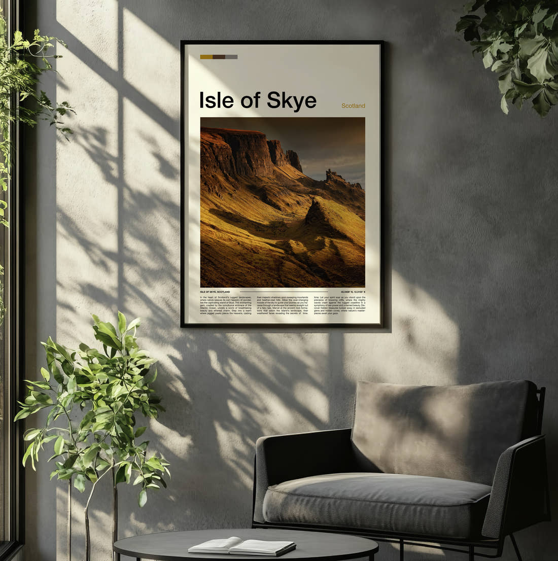 Skye The Quiraing Travel Print framed on the wall of a relaxed living room