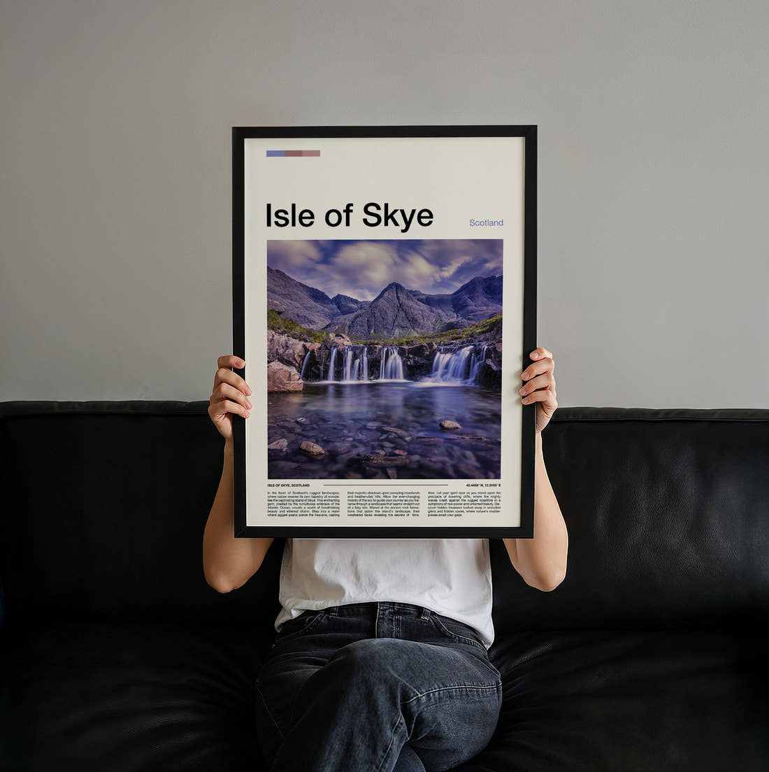 Skye Waterfall And Mountains Travel Print held up by hand to show the size of the print