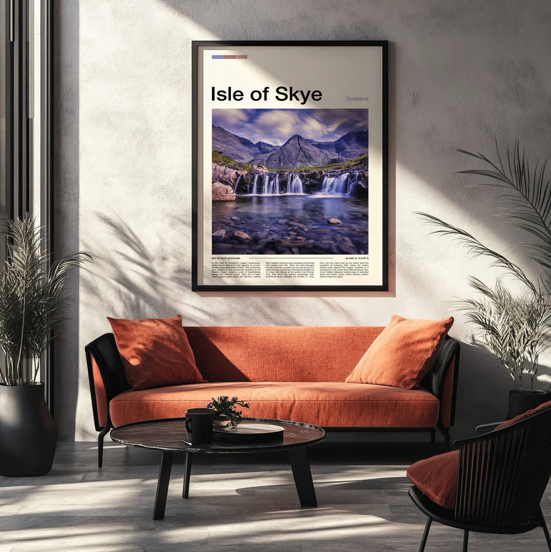 Skye Waterfall And Mountains Travel Print framed on the wall of a modern living room