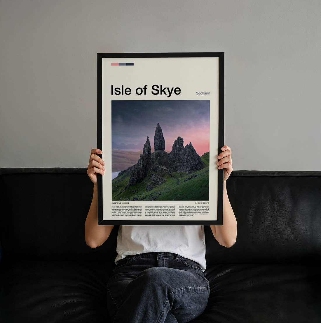 Skye The Old Man Of Storr Travel Print held up by hand to show the size of the print