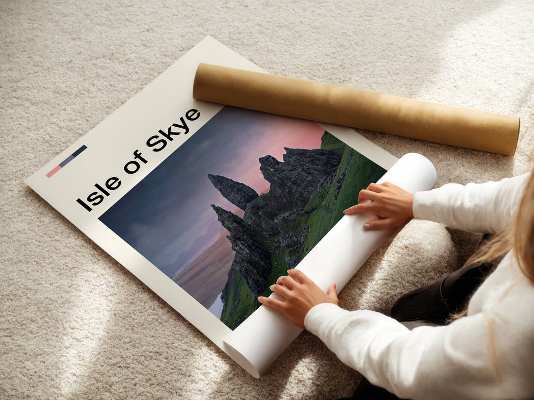 Skye The Old Man Of Storr Travel Print being unrolled from its postal tube