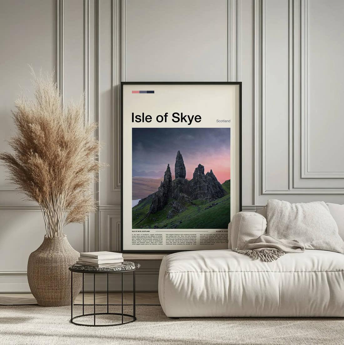 Skye The Old Man Of Storr Travel Print framed on the wall of a calm, neutral bedroom