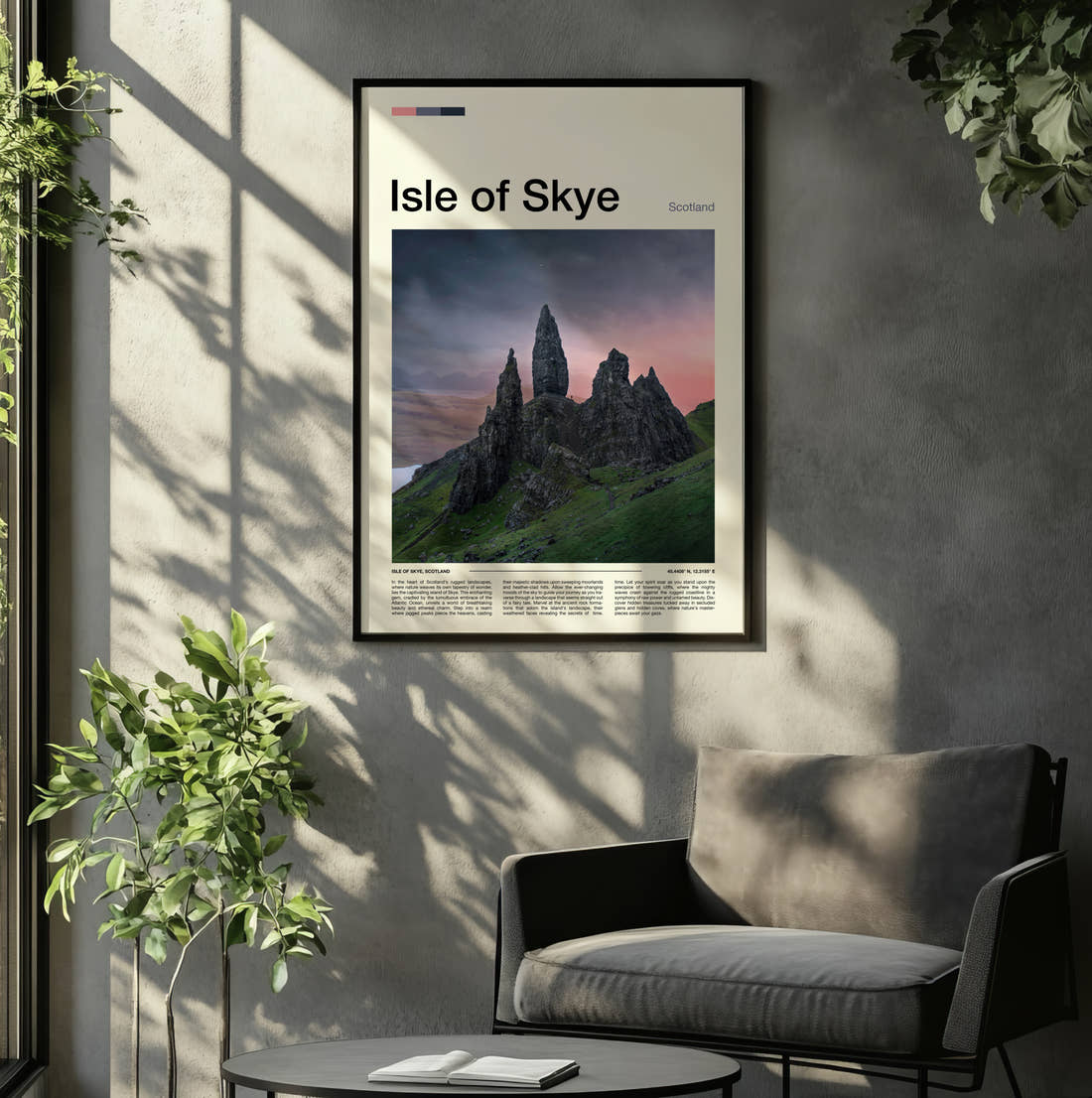 Skye The Old Man Of Storr Travel Print framed on the wall of a relaxed living room