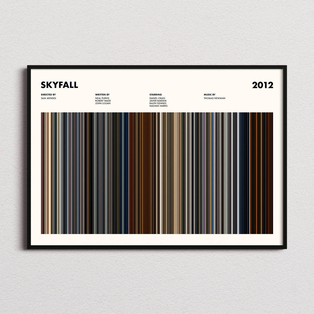 Skyfall Movie Barcode Poster framed and photographed straight on