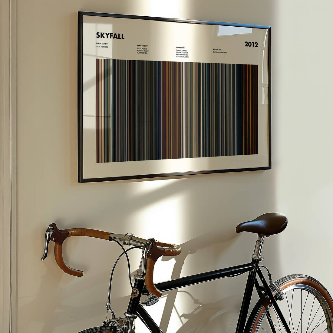 Skyfall Movie Barcode Poster framed on the wall of a styled room setting