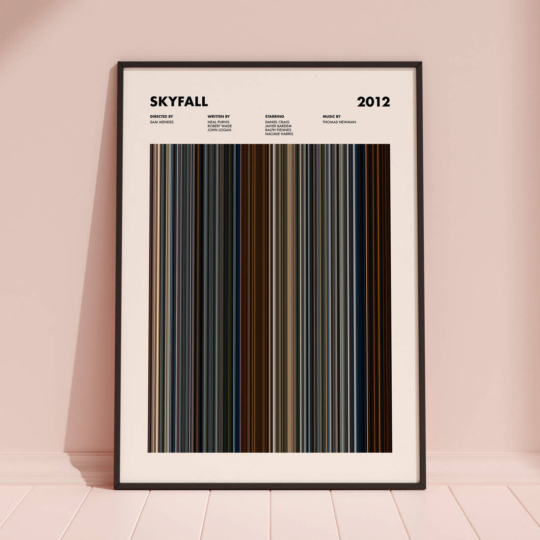 Skyfall Movie Barcode Poster framed and leaning against a coloured wall